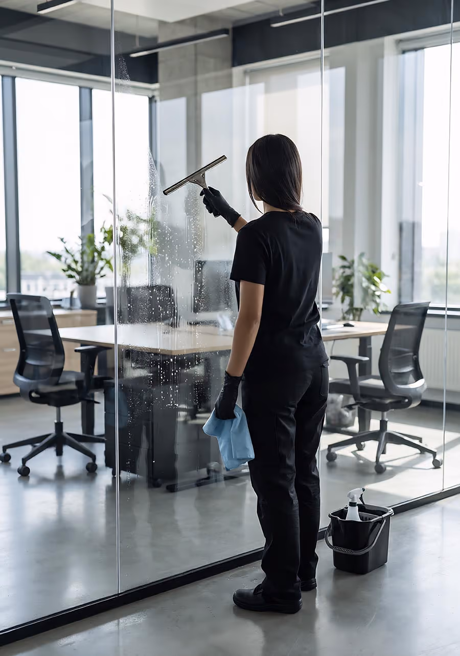 Reinigungskraft reinigt eine Glastrennwand zwischen Büro und Besprechungsraum