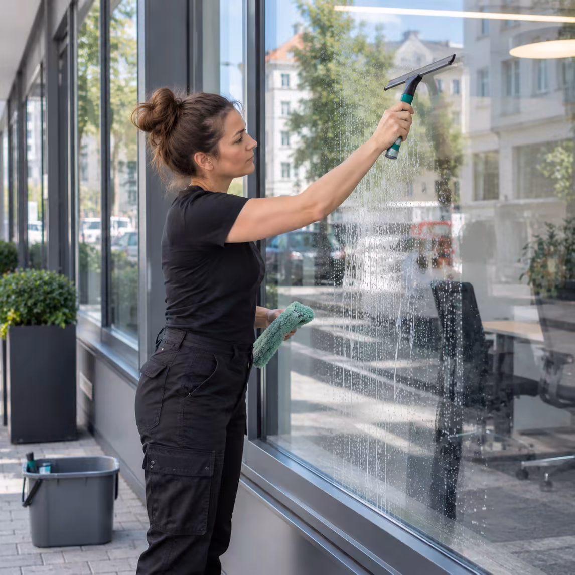 Reinigungskraft von Klinas reinigt die Fensterfront eines Münchner Ladenlokals von außen