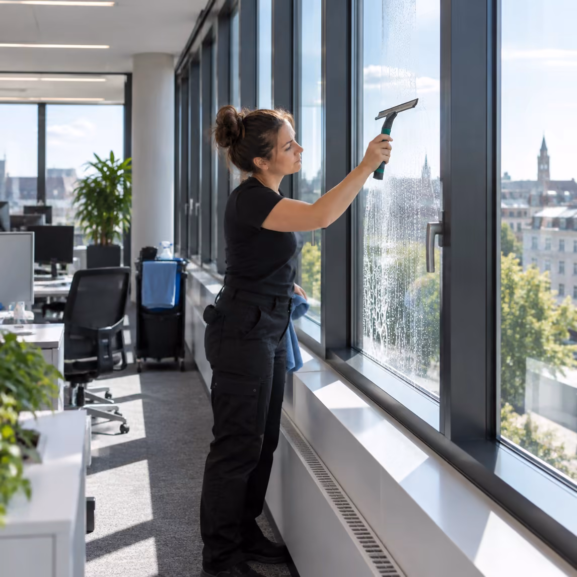 Reinigungskraft von Klinas reinigt die Fensterfront entlang eines Großraumbüros