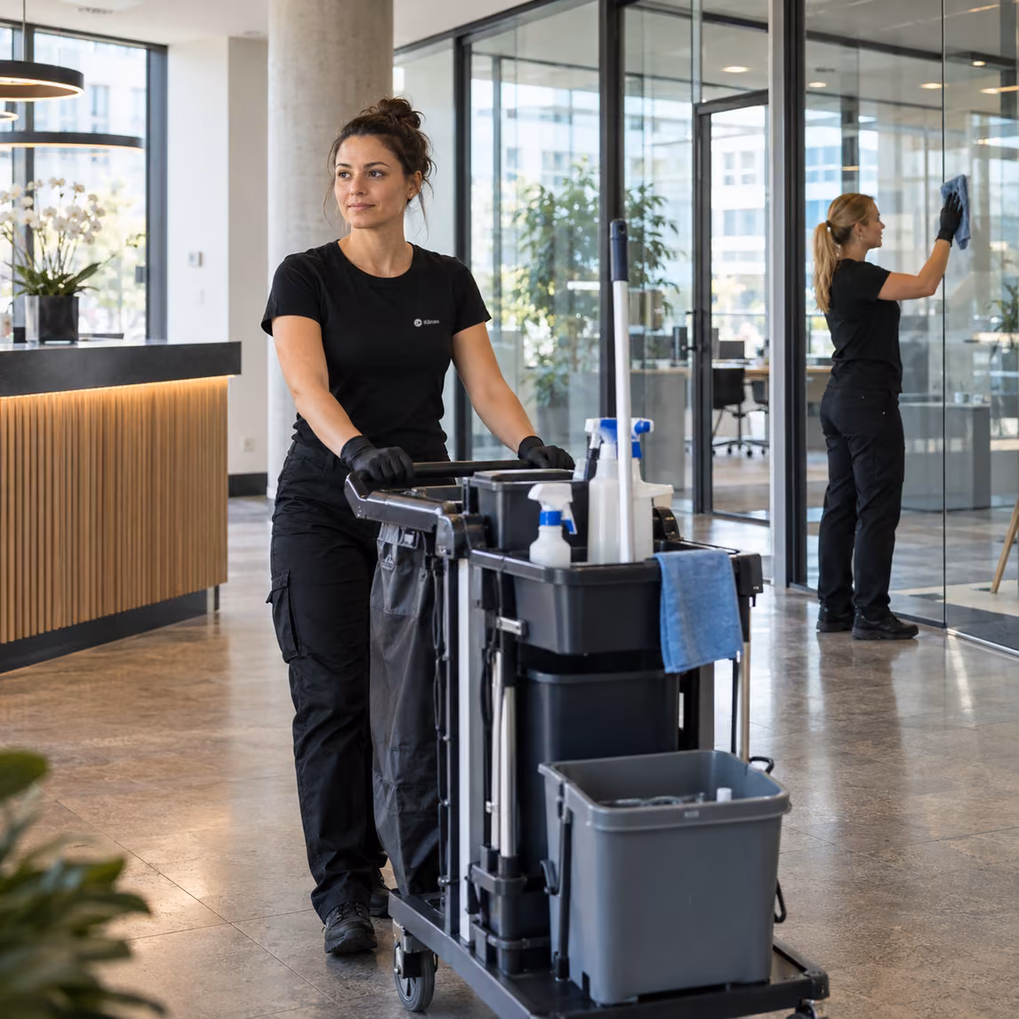 Reinigungskraft von Klinas schiebt den Reinigungswagen durch das Foyer eines Münchner Bürogebäudes, im Hintergrund reinigt eine Kollegin die Glaswand