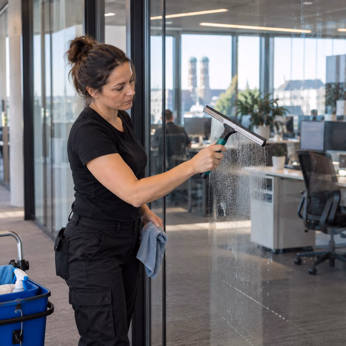 Reinigungskraft von Klinas zieht eine Glastrennwand im Büro ab, im Hintergrund die Frauenkirche