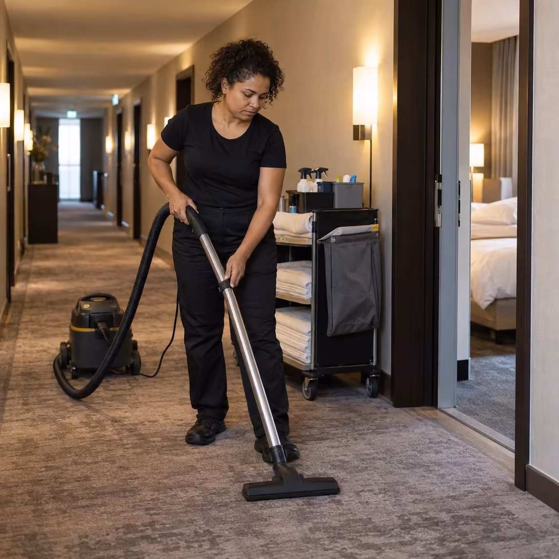 Reinigungskraft von Klinas saugt den Teppichboden im Hotelflur neben dem Housekeeping-Wagen