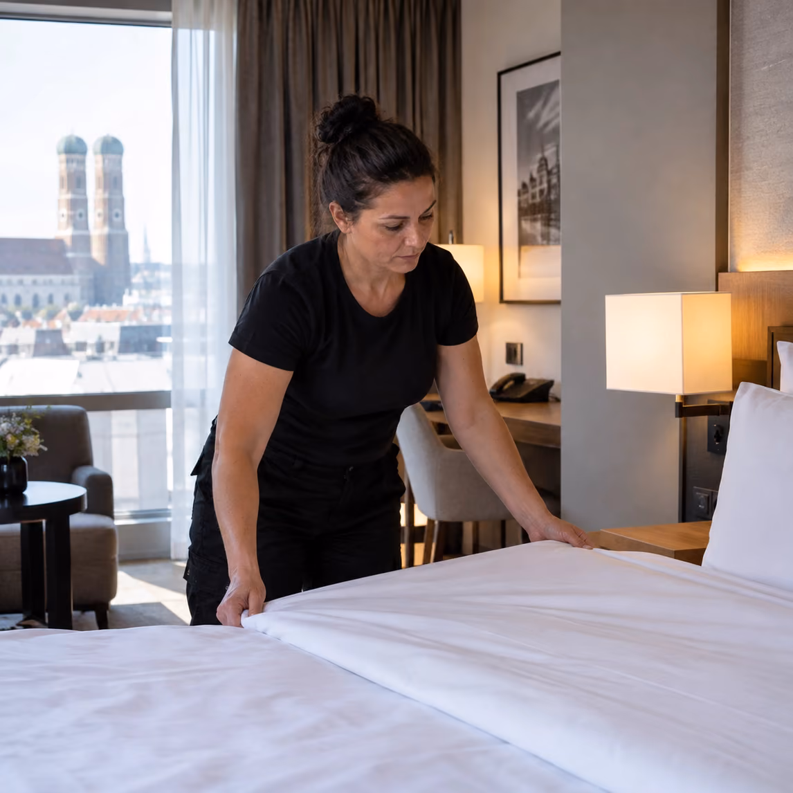 Housekeeping-Mitarbeiterin von Klinas bezieht ein Hotelbett, im Fenster die Frauenkirche