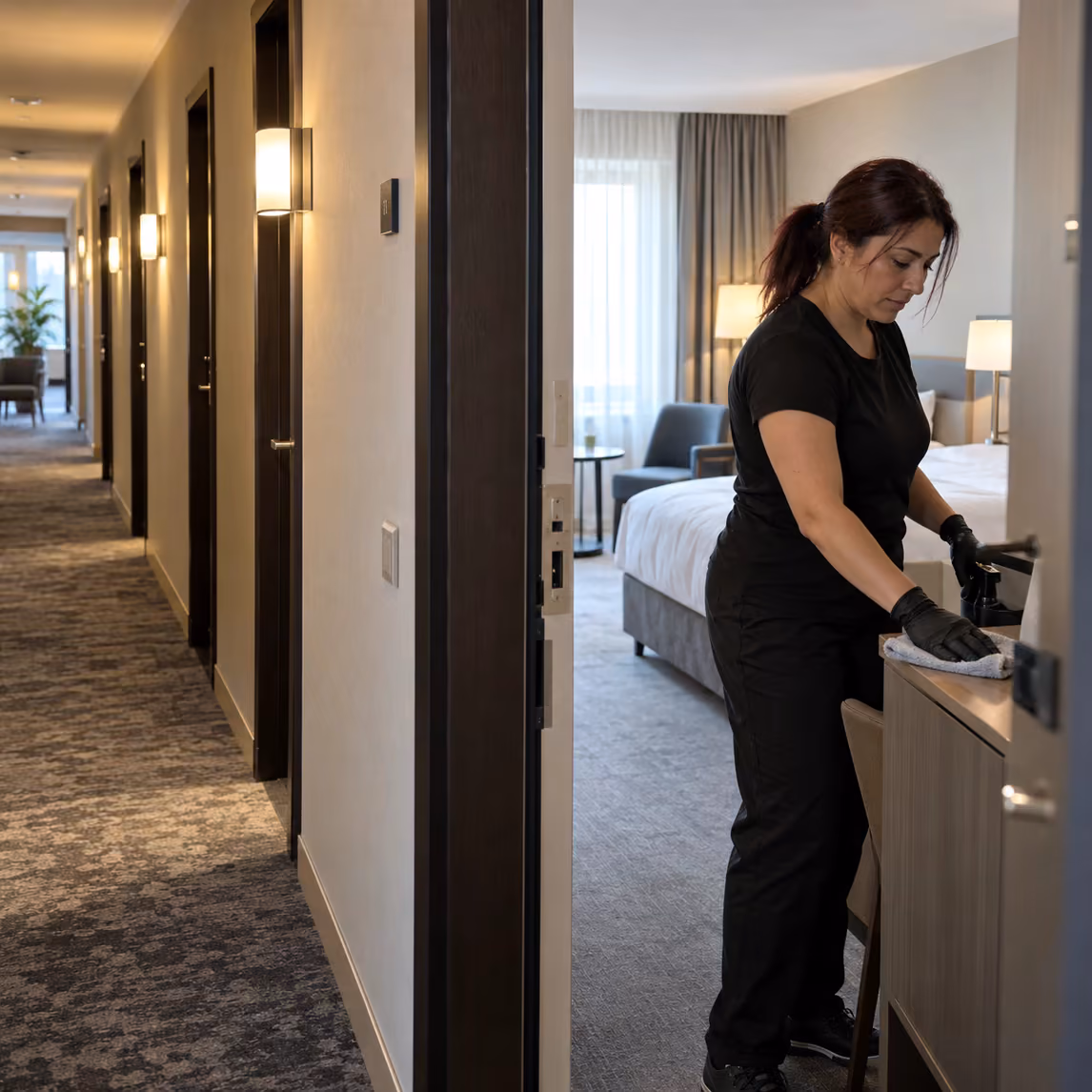 Reinigungskraft von Klinas reinigt die Ablage in einem Hotelzimmer, davor der Zimmerflur