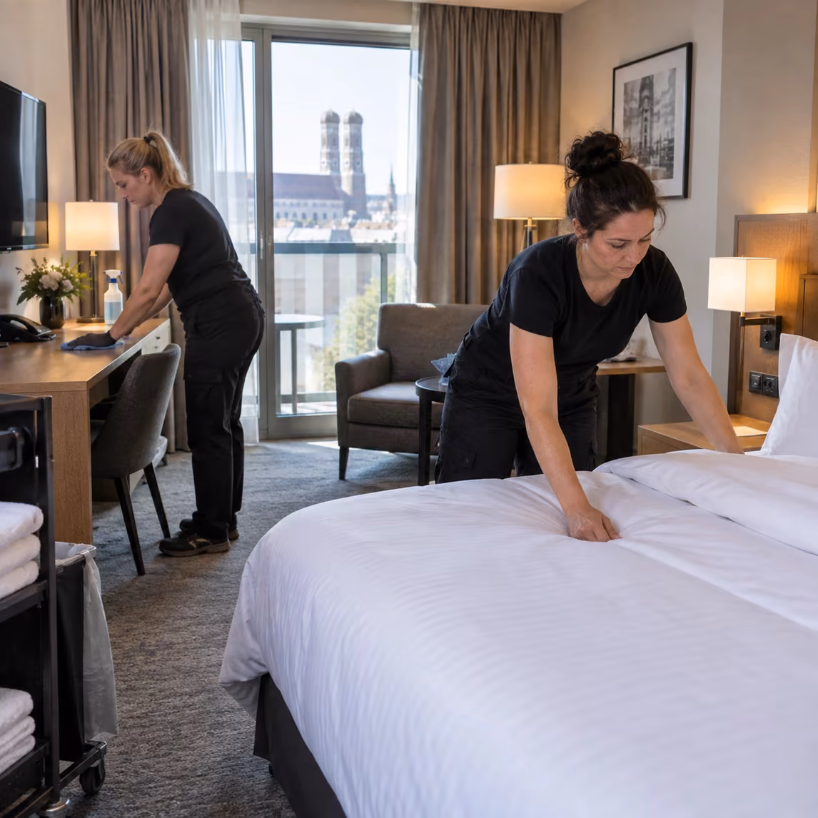 Zwei Housekeeping-Mitarbeiterinnen von Klinas richten Bett und Schreibtisch eines Hotelzimmers
