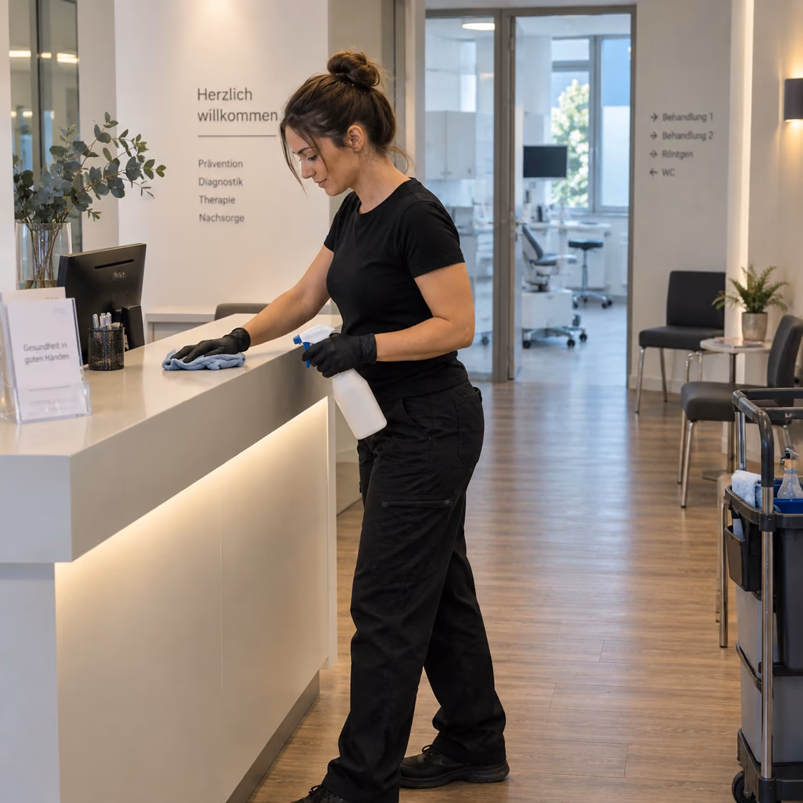 Reinigungskraft von Klinas desinfiziert den Empfangstresen einer Münchner Arztpraxis