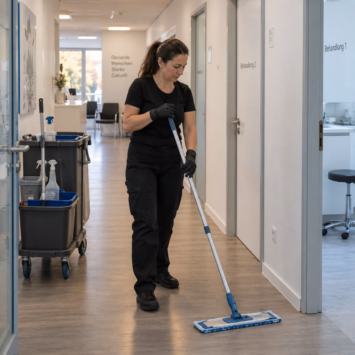 Reinigungskraft von Klinas wischt mit dem Flachmopp den Flur vor den Behandlungszimmern
