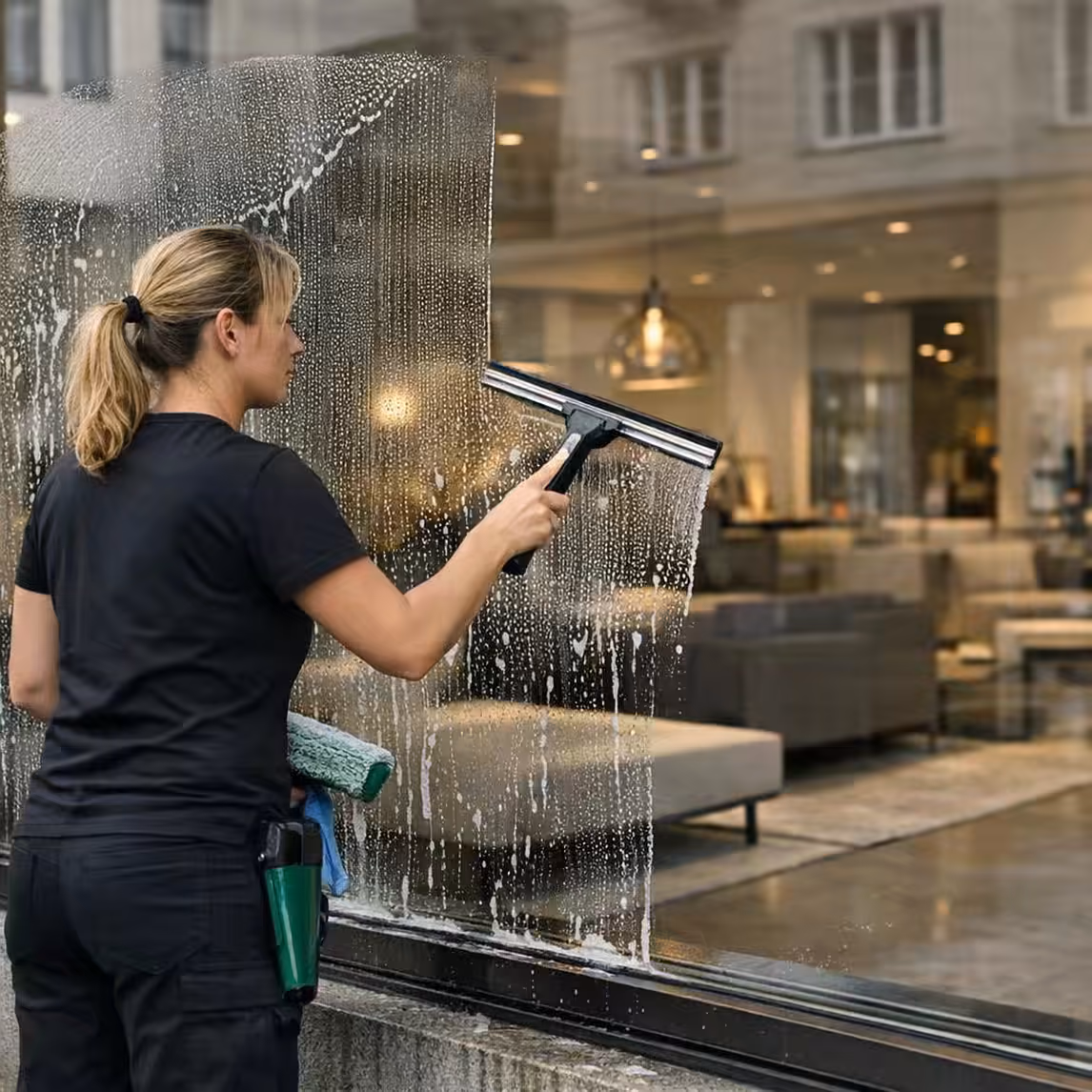 Reinigungskraft von Klinas zieht die Schaufensterscheibe eines Ladengeschäfts von außen ab