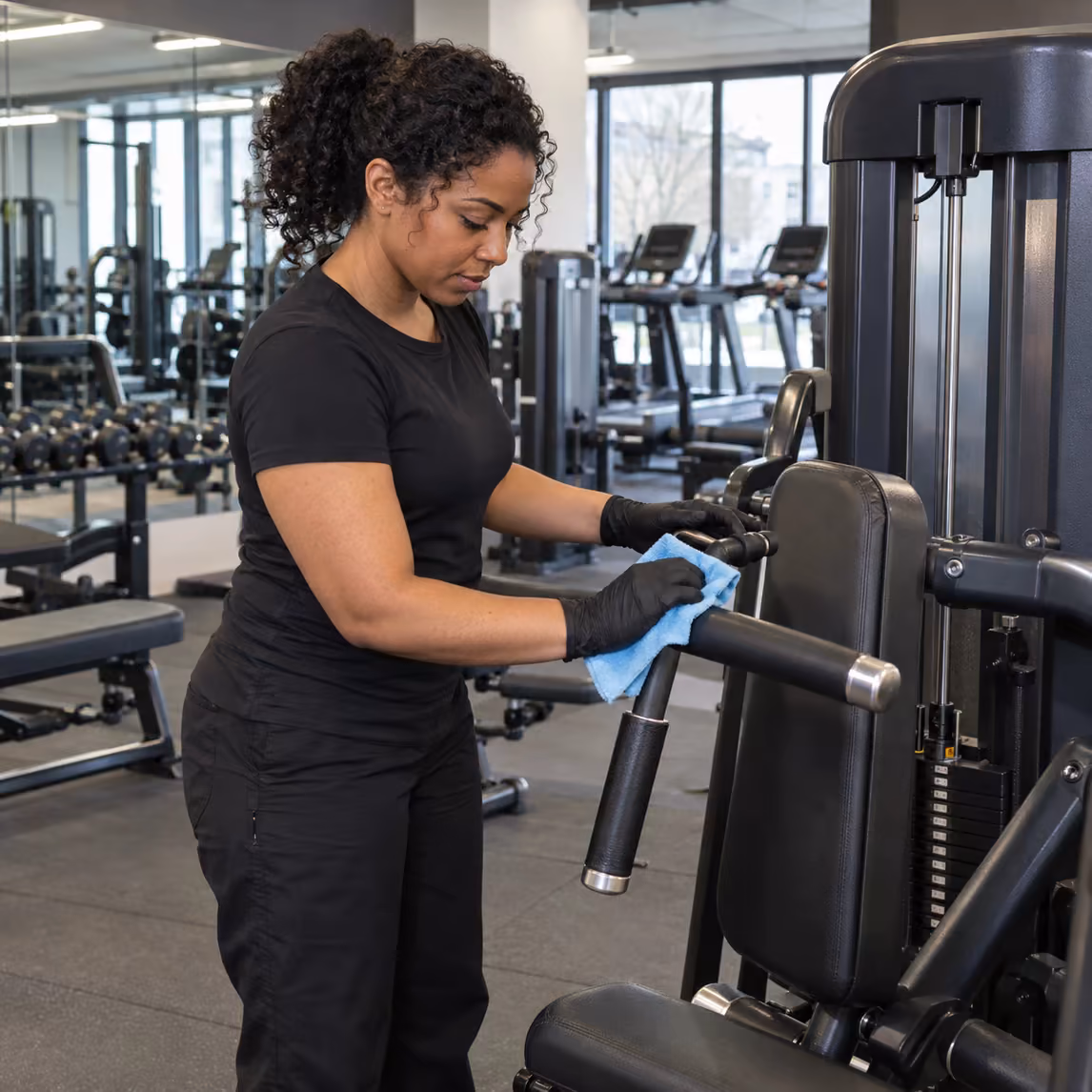 Reinigungskraft von Klinas wischt eine Kraftmaschine in einem Münchner Fitnessstudio ab