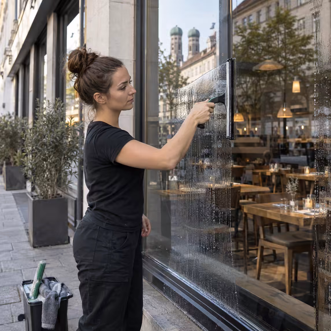 Reinigungskraft von Klinas zieht die Fensterfront eines Restaurants in der Münchner Innenstadt ab, im Hintergrund die Frauenkirche
