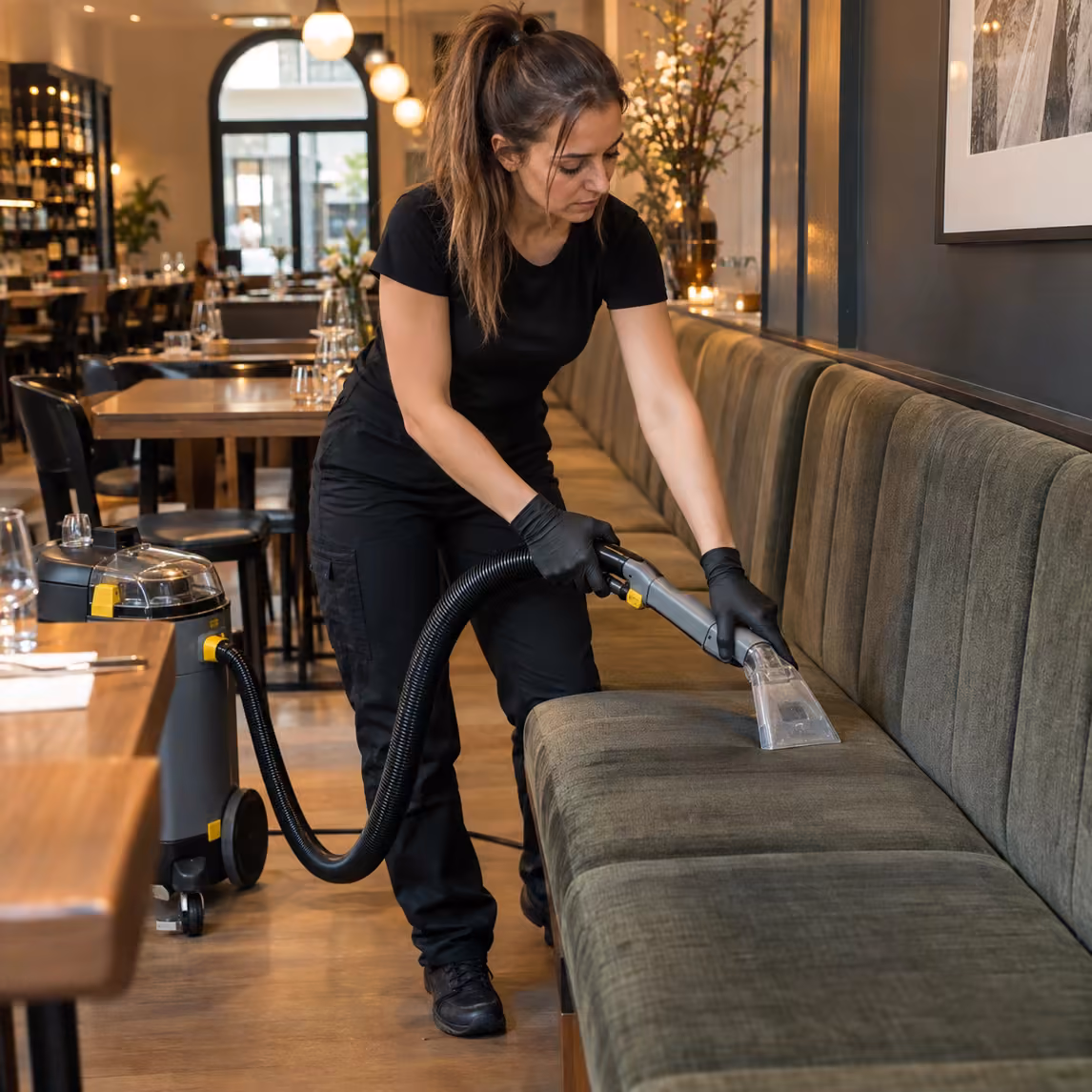 Reinigungskraft von Klinas reinigt die Polsterbank eines Restaurants mit dem Sprühextraktionsgerät