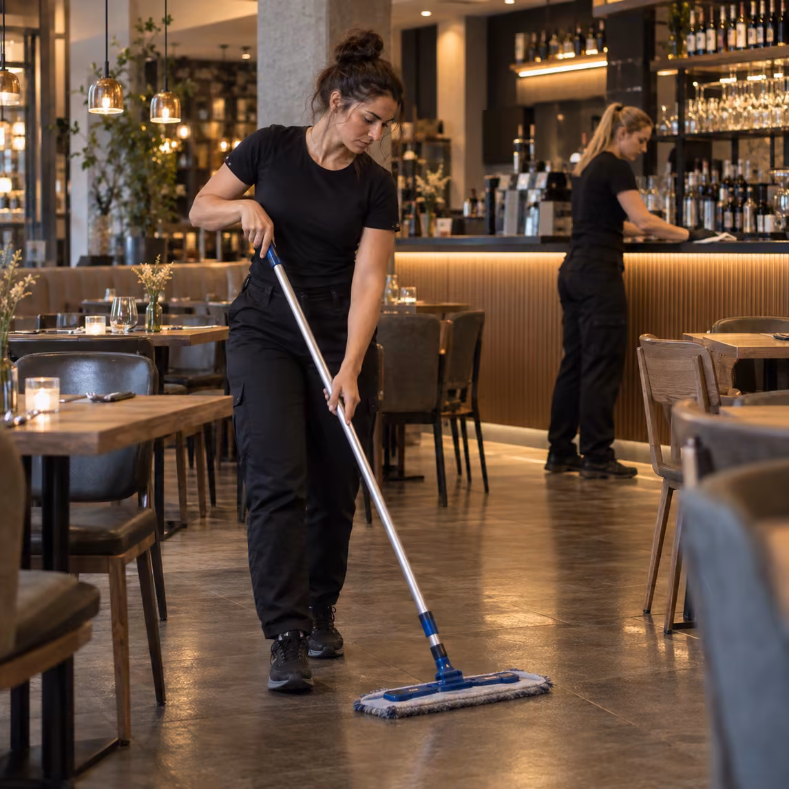 Reinigungskraft von Klinas wischt den Boden im Gastraum eines Münchner Restaurants, im Hintergrund die Bar