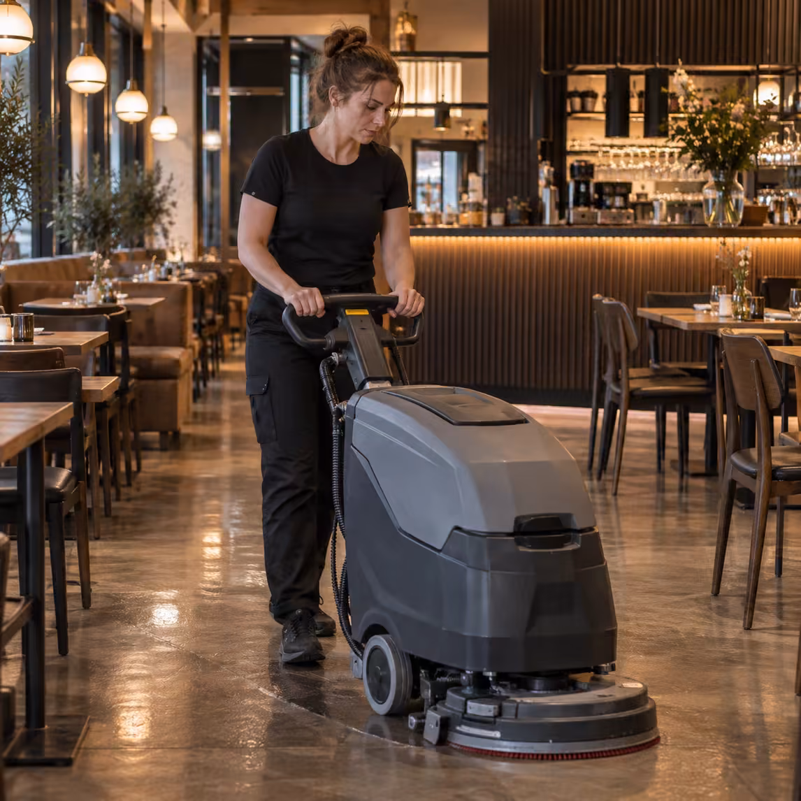 Reinigungskraft von Klinas fährt mit der Scheuersaugmaschine durch den Gastraum eines Restaurants