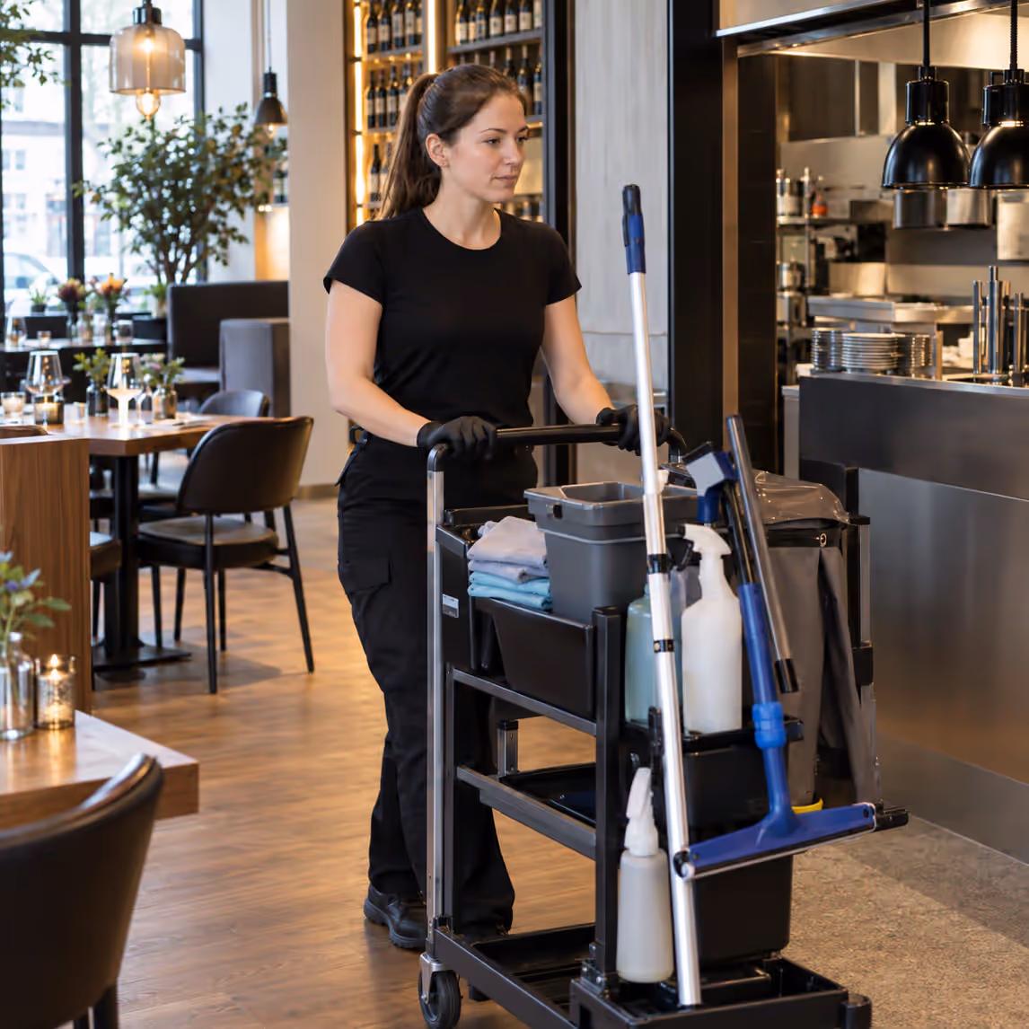 Reinigungskraft von Klinas schiebt den Reinigungswagen durch den Gastraum eines Restaurants, im Hintergrund die offene Küche