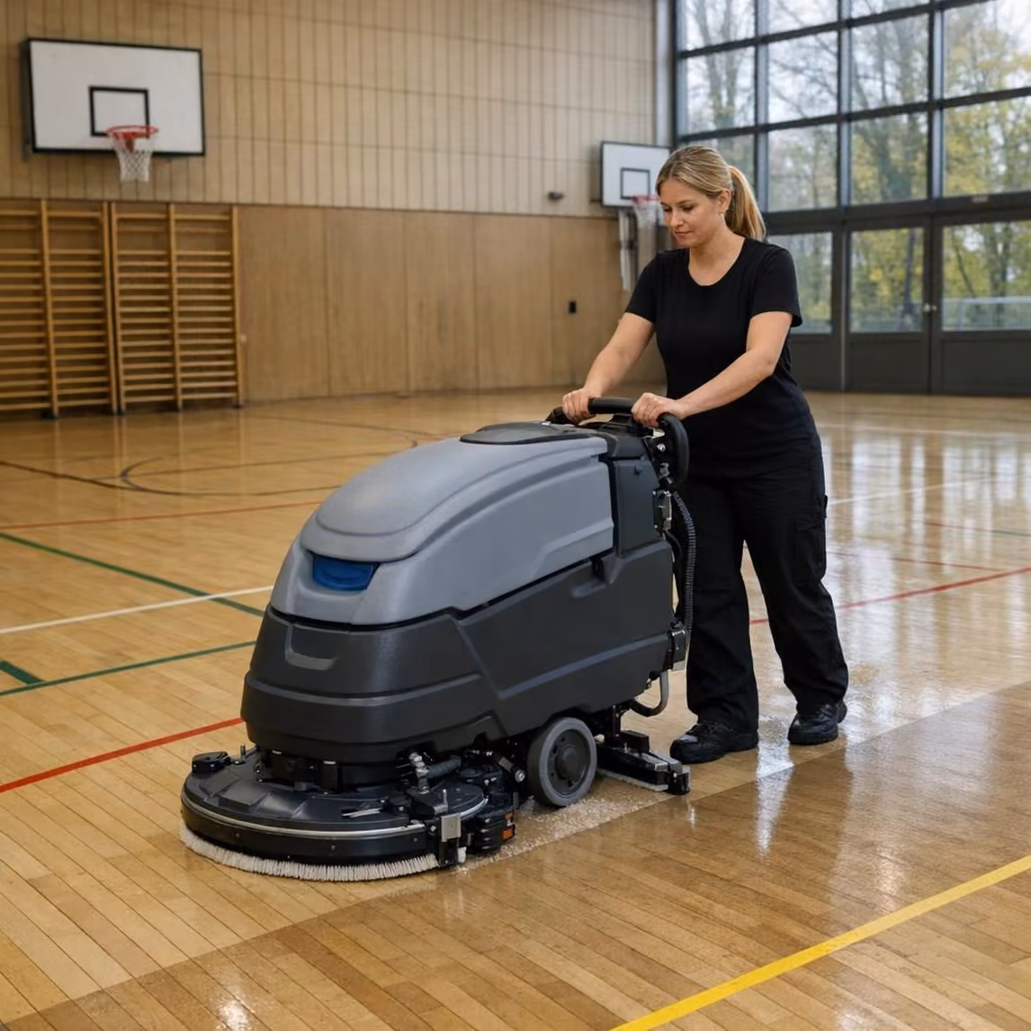 Reinigungskraft von Klinas reinigt den Hallenboden einer Schulturnhalle mit der Scheuersaugmaschine
