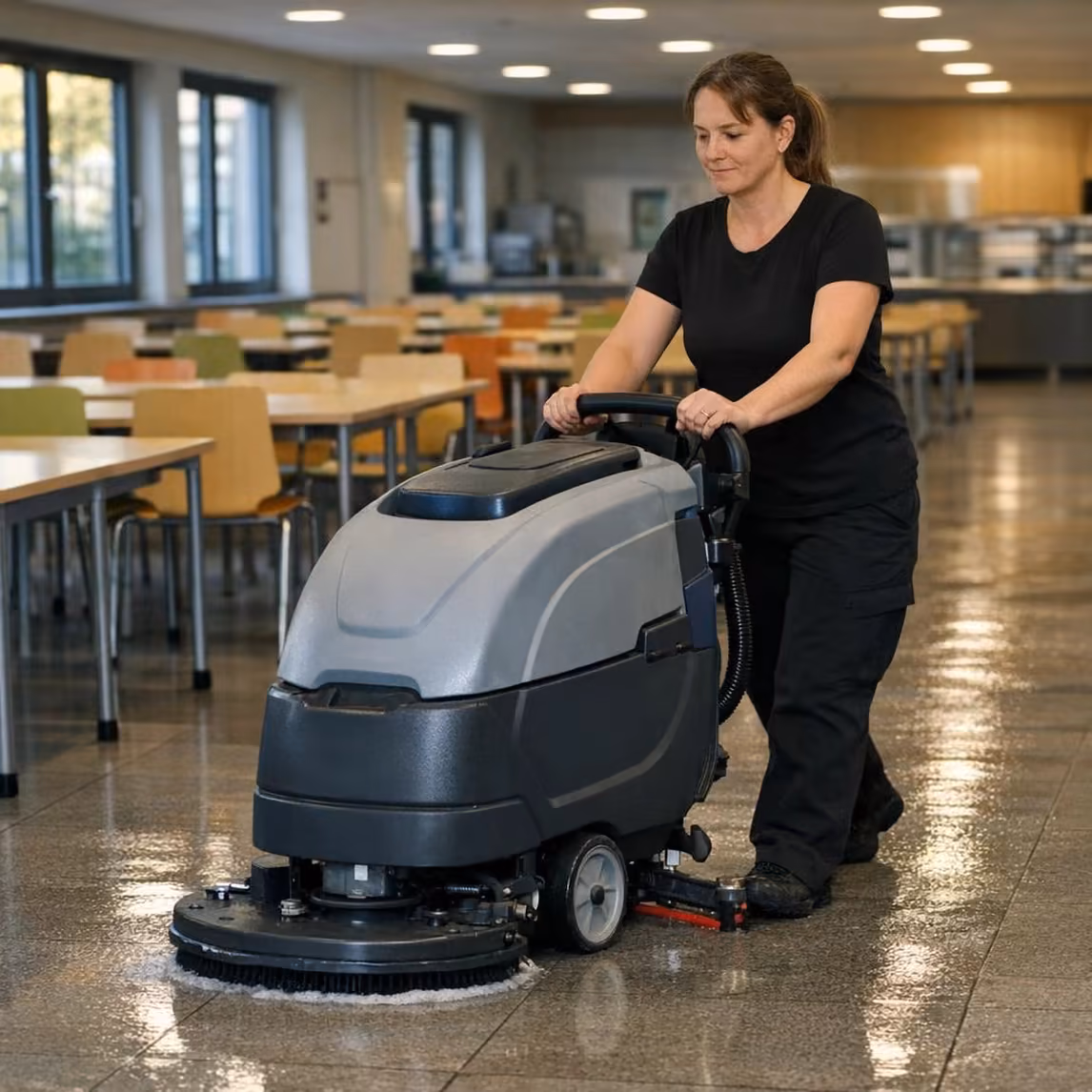 Reinigungskraft von Klinas reinigt den Boden einer Schulmensa mit der Scheuersaugmaschine