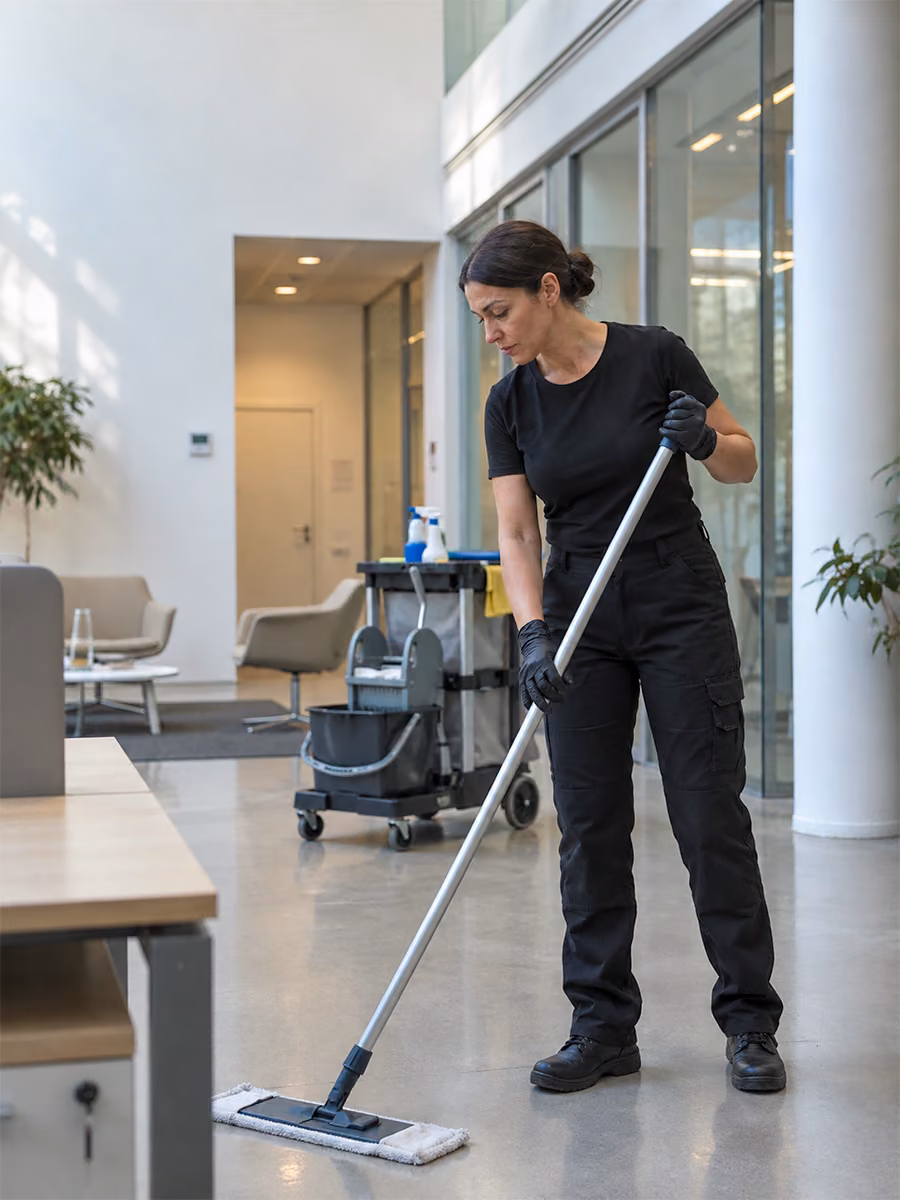 Reinigungskraft von Klinas wischt den Boden einer Bürolobby mit dem Flachmopp, dahinter der Reinigungswagen