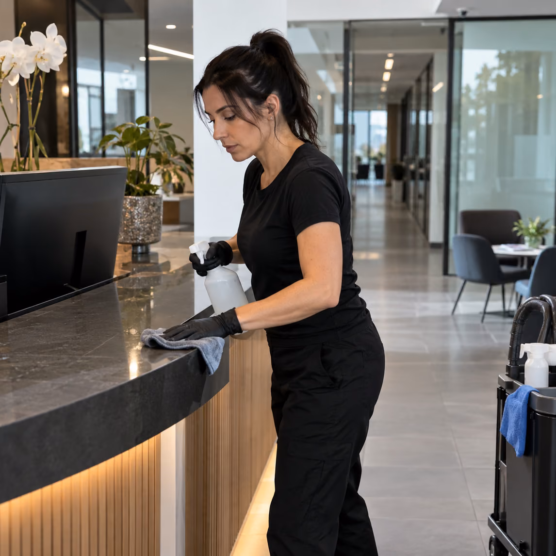 Reinigungskraft von Klinas reinigt den Empfangstresen in der Lobby eines Münchner Bürohauses