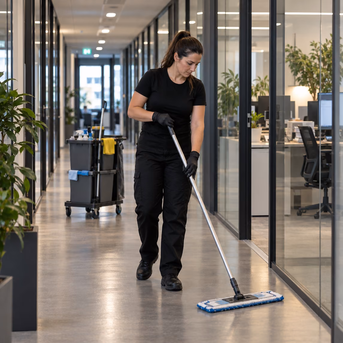 Reinigungskraft von Klinas wischt mit dem Reinigungswagen den Flur eines Bürogebäudes