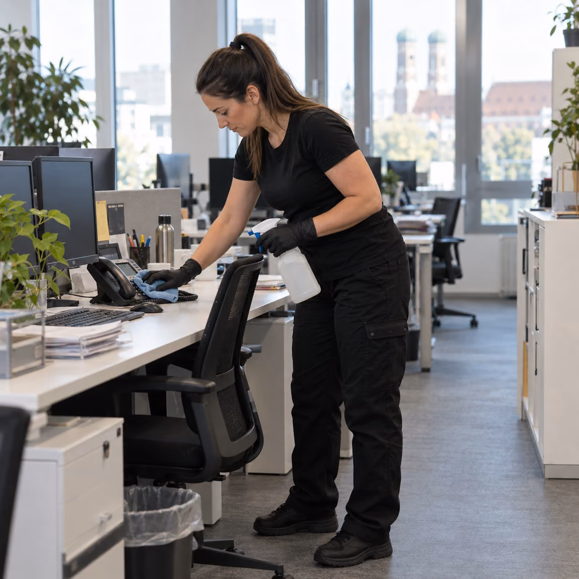 Reinigungskraft von Klinas reinigt Telefon und Tastatur an einem Büroarbeitsplatz